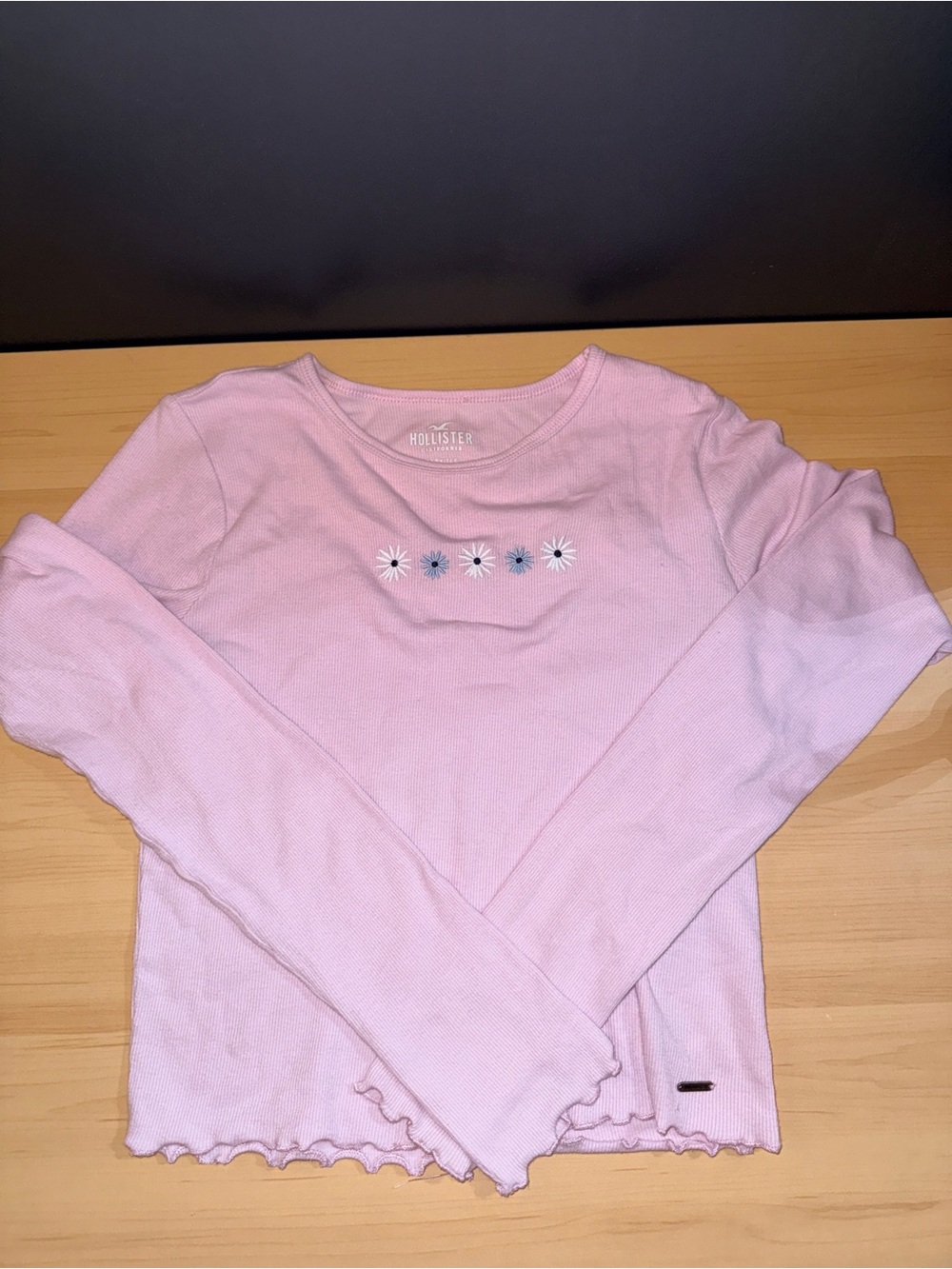 Hollister Light Pink Long Sleeve Ribbed Top with Dainty Daisy Embroidery
